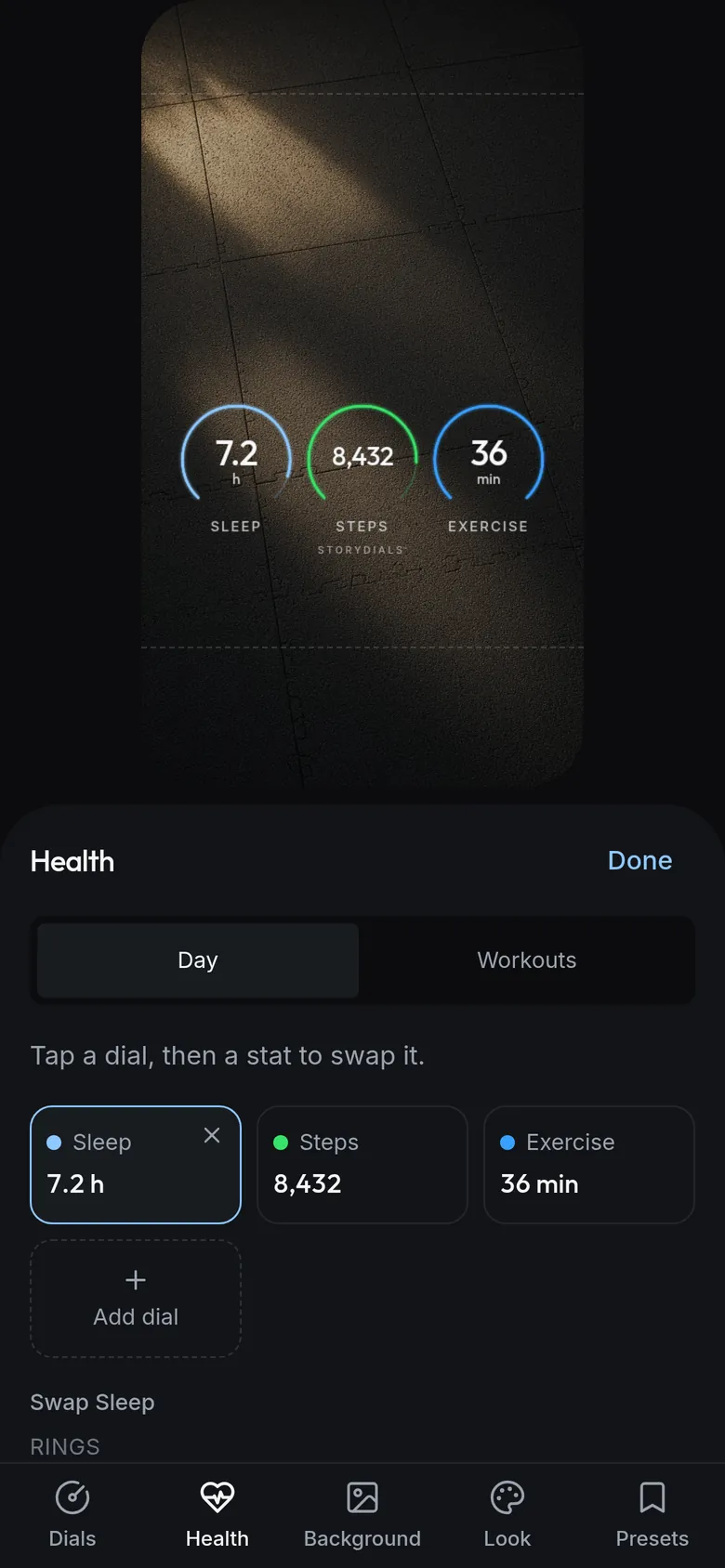 Choosing Sleep, Steps and Exercise in the Health tab